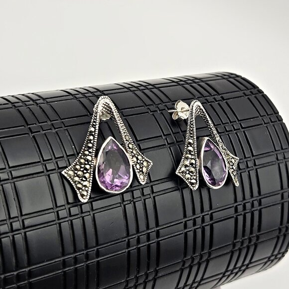 Vintage Sterling Silver Marcasite & Amethyst Earrings – Art Deco Revival, 925 - Picture 1 of 6